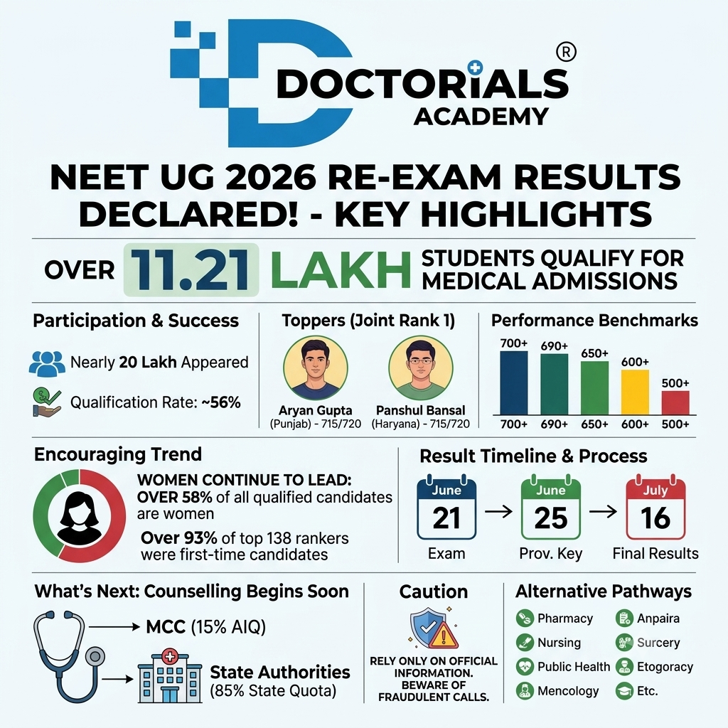 NEET UG 2026 Re-Exam Results Declared: Over 11.21 Lakh Students Qualify for Medical Admissions